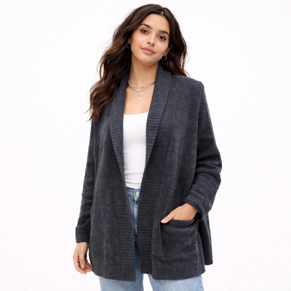 New Barefoot Dreams Women Sweater Cozy Chic Ultra Lite Shawl Collar Indigo Large